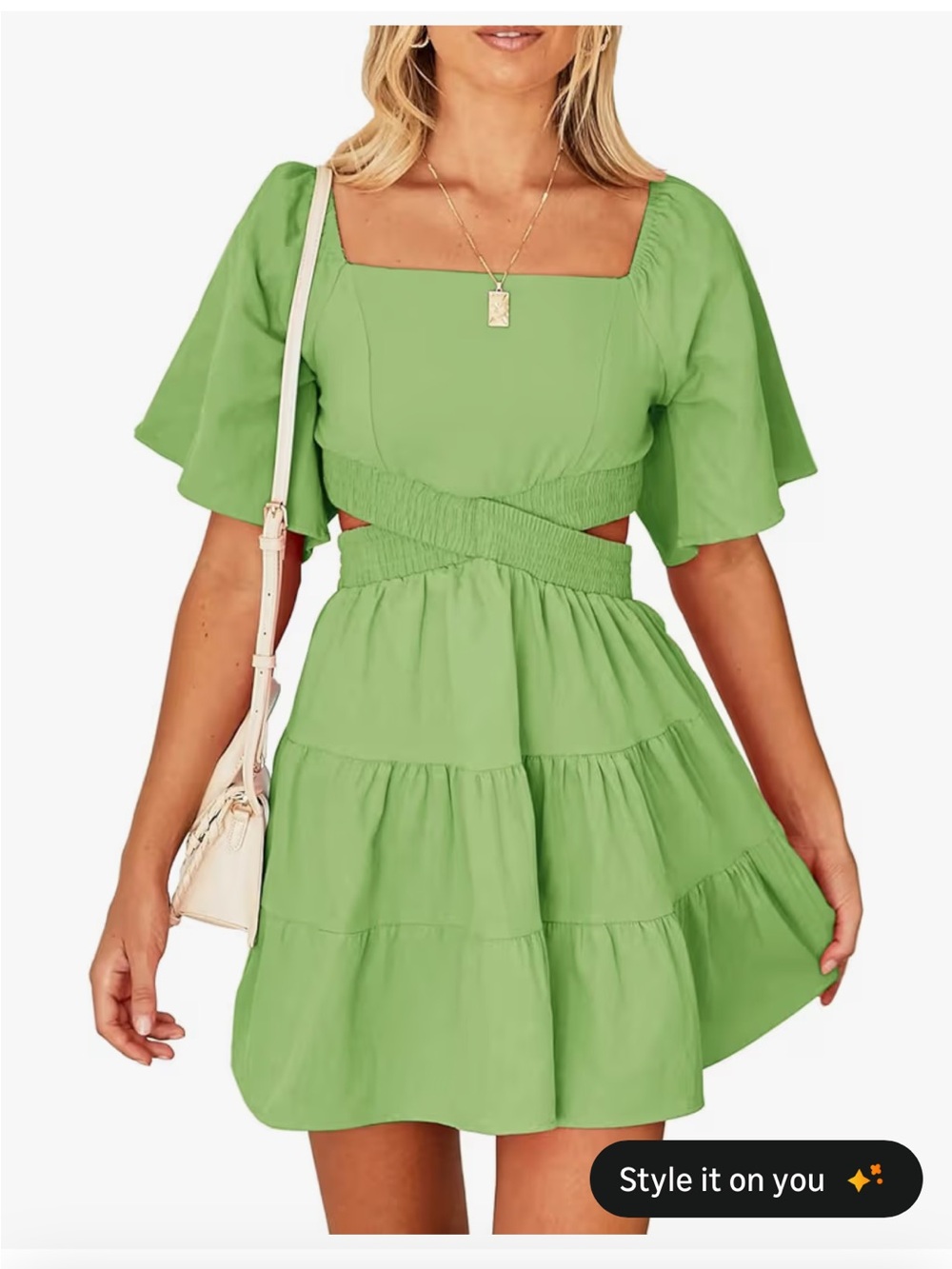 Square Neck Cutout Tiered Mini Dress in Light Green